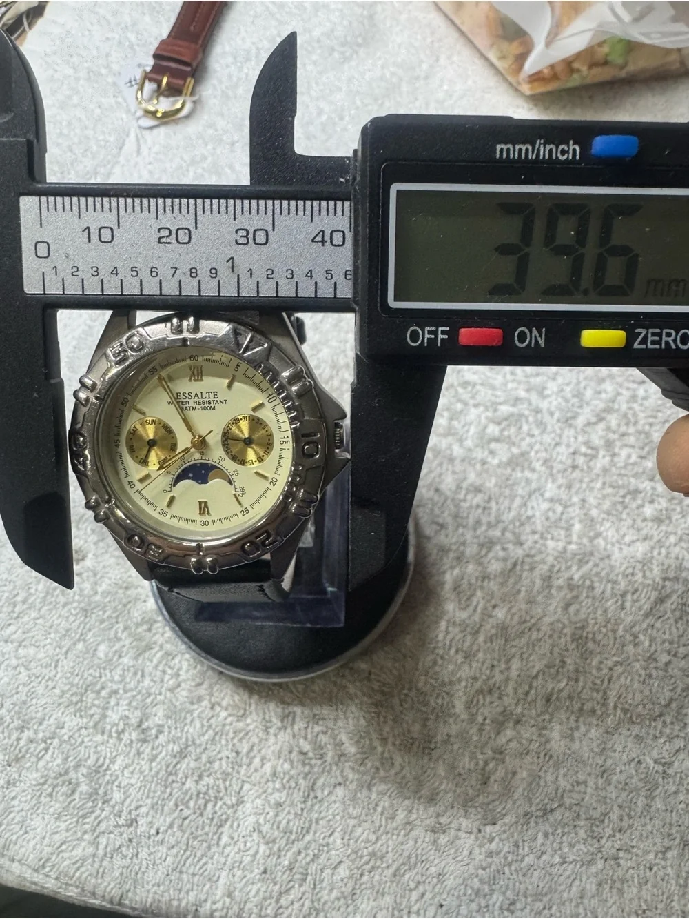 Men’s Black Leather Strap Watch with Cream Dial and Moonphase